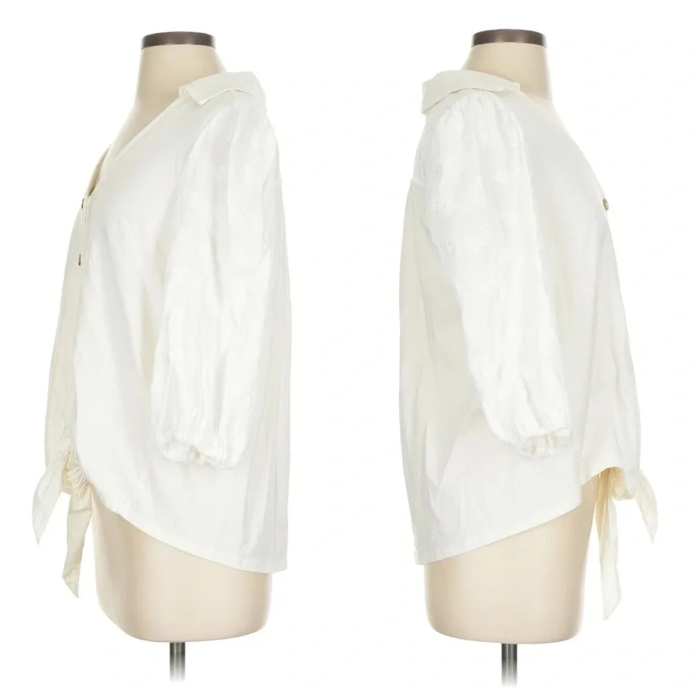 Anthropologie Vanessa Virginia Lorena White Tie-Front Boho Blouse Boho Size L